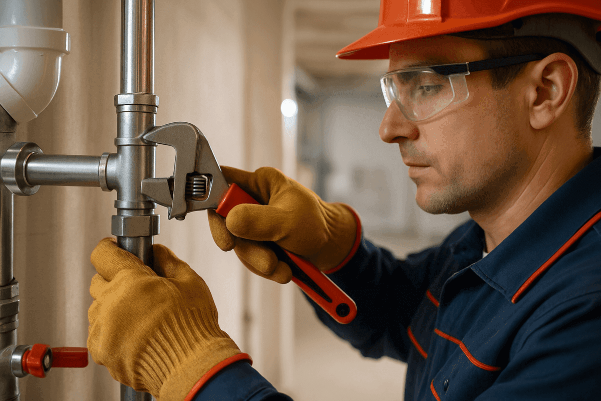 Close-up of plumber's gloved hands tightening pipe fitting with wrench in basement