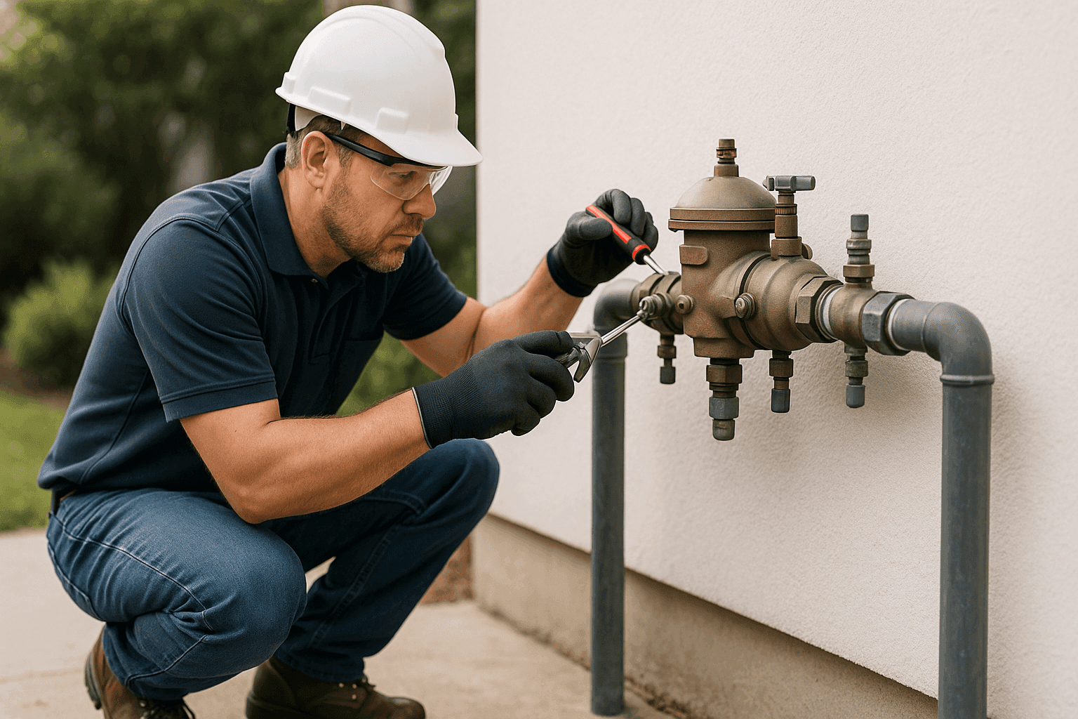 Plumber inspecting a backflow prevention device outdoors