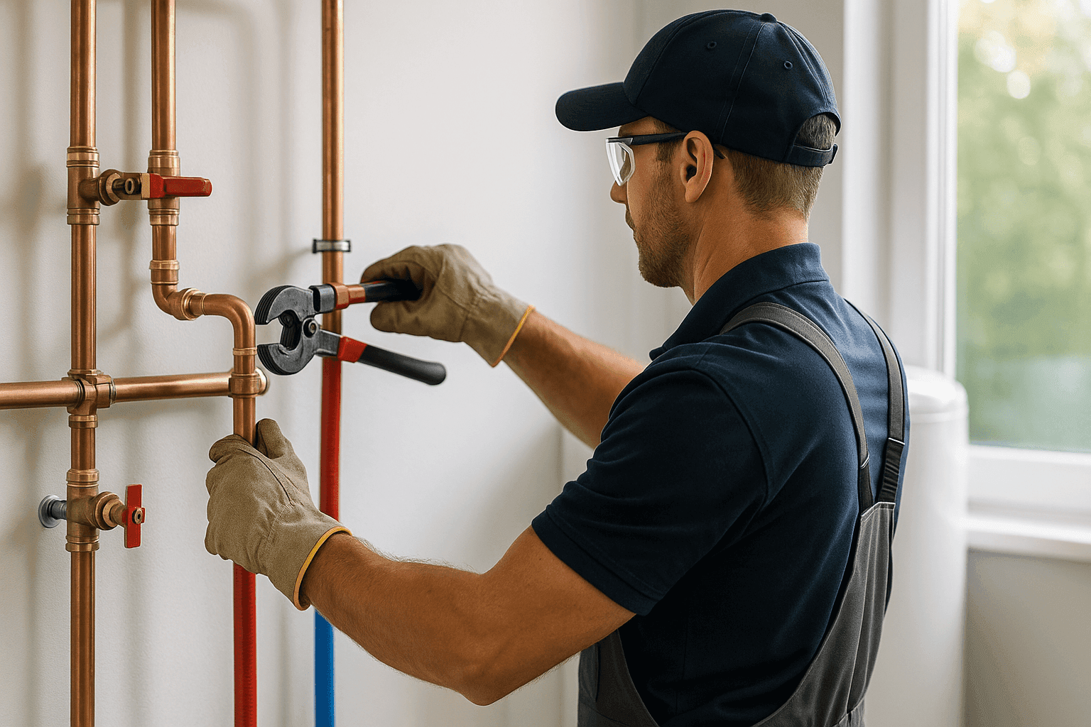 Technician replacing old pipes in a clean utility room