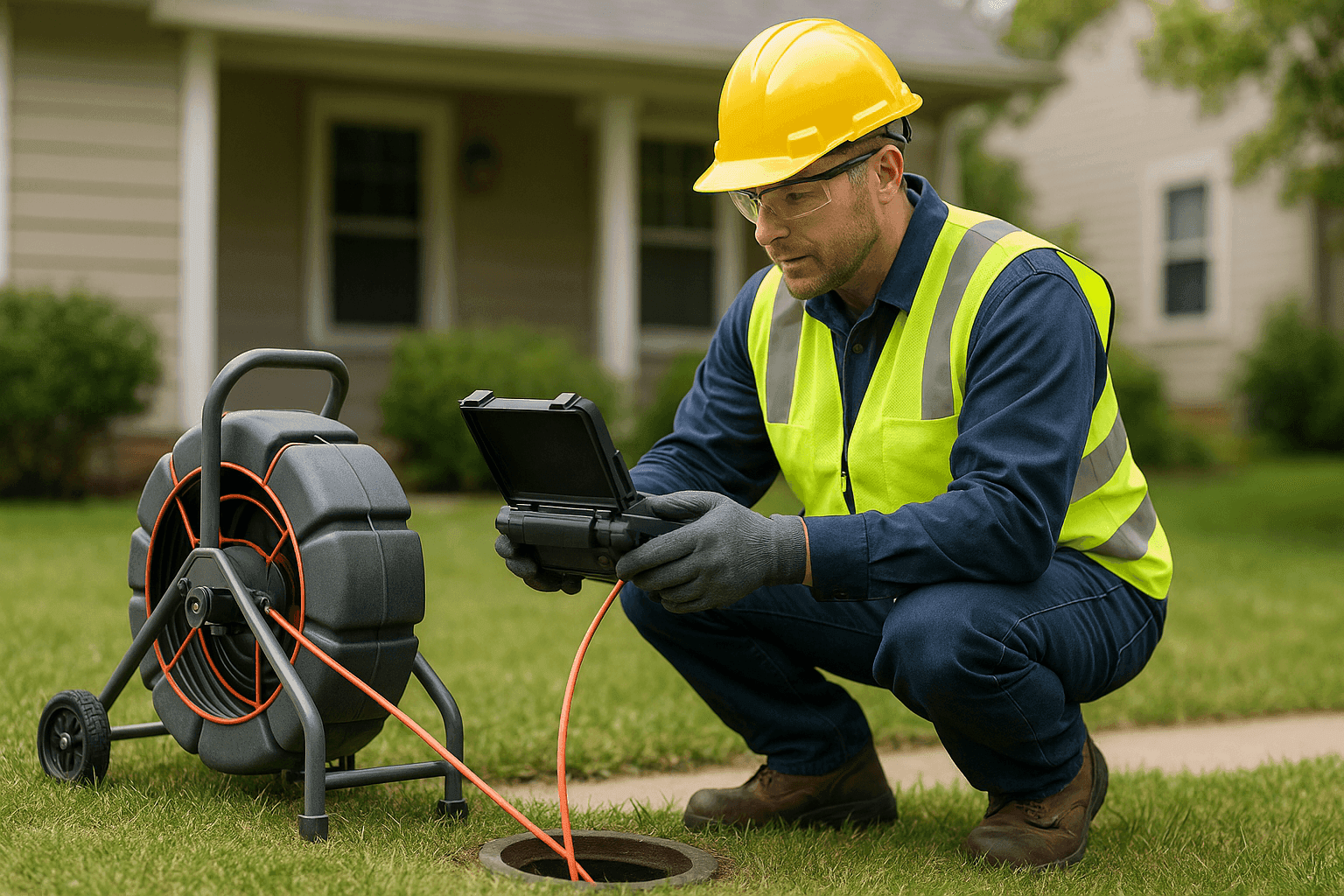 Plumber inspecting sewer line in a yard with professional equipment