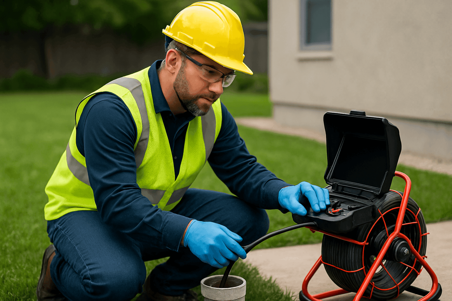 Plomero realizando inspección de línea de alcantarillado con cámara