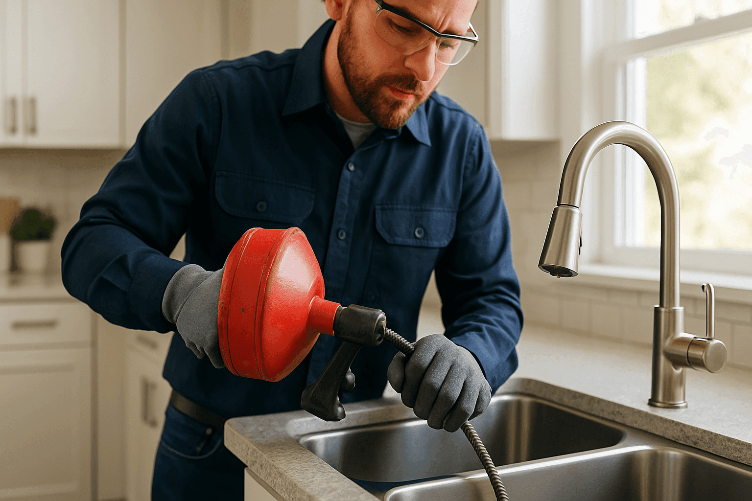 Professional cleaning residential kitchen drain with specialized tool